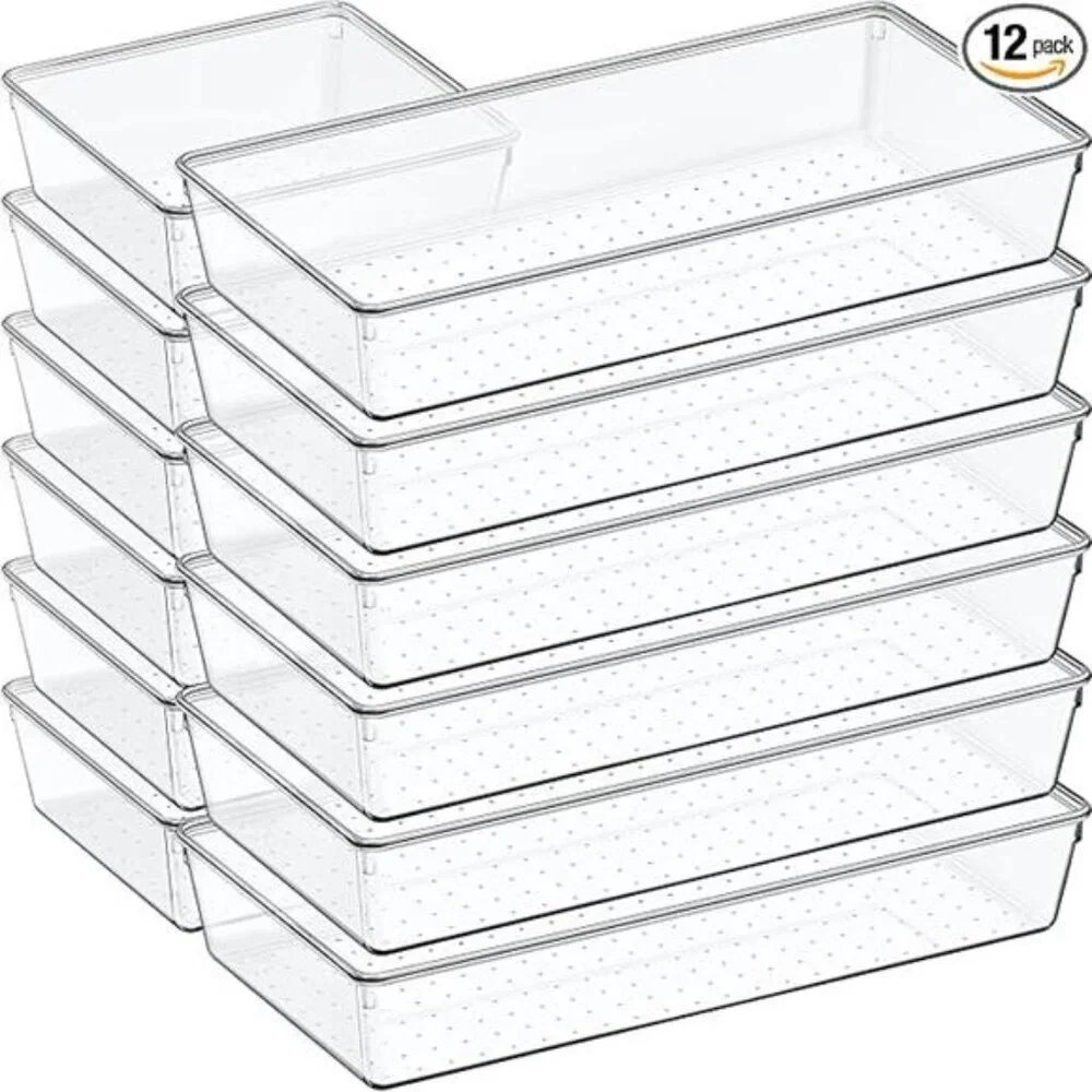 Clear drawer organizer set large plastic storage bins bathroom kitchen desk tray